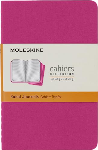 Moleskine Cahier Journal, Set 3 Notebooks with Ruled Pages, Cardboard Cover with Visible Cotton Stiching, Colour Kinetic Pink, Pocket 9 x 14 cm, 64 Pages