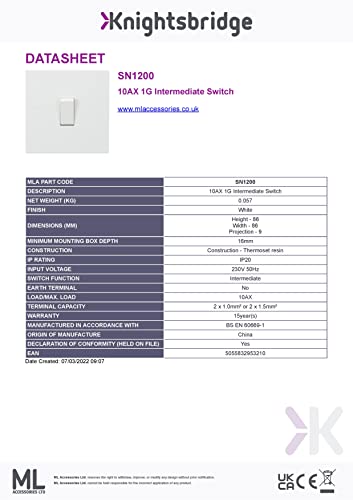 Knightsbridge White Square edge Plastic 10AX 1G Intermediate Switch