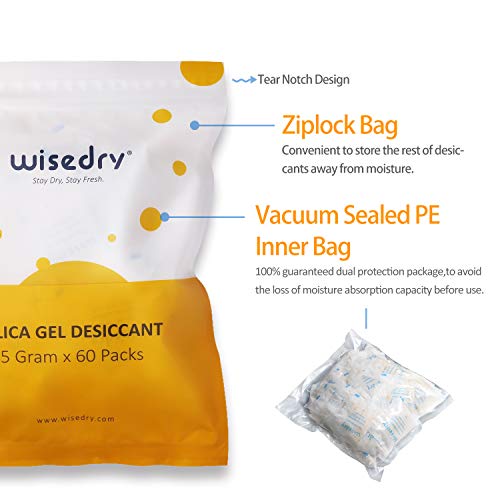 wisedry Silica Gel Sachets Pouches Desiccant 5 Gram [60 PACKS] with Orange Beads Humidity Indicator Moisture Absorber for Air Dryer Moisture Removal, Food Grade