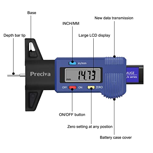 Tyre Tread Depth Gauge, Preciva 0-25.4mm/Inch Digital Tyre Tread Depth Checker, Tire Tread Depth Gauge UK, Portable Tyre Depth Measuring Tool with LCD Screen for Cars, Trucks, Motos