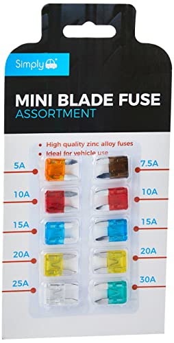 Simply BF820 Mini Blade Fuse Assortment - Set of 10 - Ideal for Vehicle Use, 10 Pieces and 7 Types 5A 7.5A 10A 15A 20A 25A 30A Multi-Function Car fuse