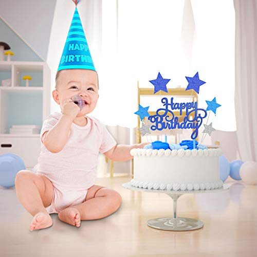 VAINECHAY Birthday Cake Decorations Happy Birthday Cake Toppers for Boy Men Girl Women Kids Blue Star Cupcake Decoration Baby Shower Party Silver