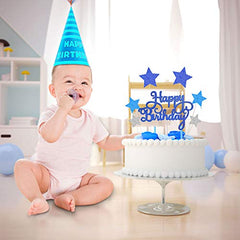 VAINECHAY Birthday Cake Decorations Happy Birthday Cake Toppers for Boy Men Girl Women Kids Blue Star Cupcake Decoration Baby Shower Party Silver