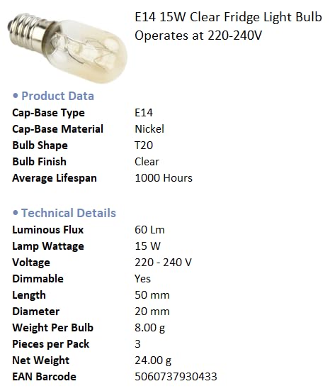 15W E14 Fridge Light Bulb -20°C Tolerant 230V Pygmy SES (Pack of 3) Incandescent Bulbs 2700K Warm White   Suitable for Fridges or Freezers   Small Edison Screw Base