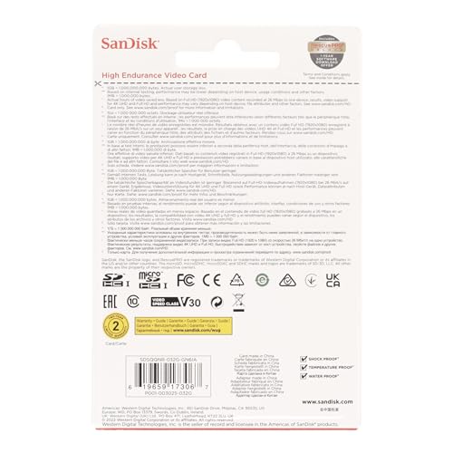 SanDisk HIGH ENDURANCE Video Monitoring for Dashcams & Home Monitoring 32 GB microSDHC Memory Card and SD Adaptor, Up to 100 MB/s read and 40 MB/s Write, Class 10, U3, V30, White