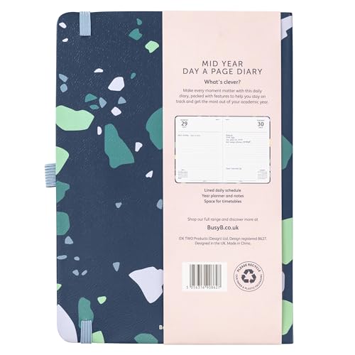 Busy B Mid Year Day a Page Diary August 2024 - August 2025. Terrazzo A5 Daily Planner with Pen Holder, Elastic Closure and Year Planner