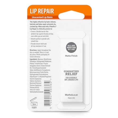 O'Keeffe's Lip Repair Unscented Lip Balm, 4.2g – For Extremely Dry, Cracked Lips   All-Day Moisture with 7 Moisturising Ingredients