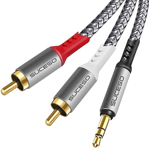 SUCESO Phono to 3.5mm Jack Cable 2x RCA to 3.5mm Male Headphone Mini Jack Stereo Audio Y Splitter Red & White Aux Cord Compatible with Hi-Fi Amplifier Speaker Car DJ Controller TV Phone Turntable - 2M