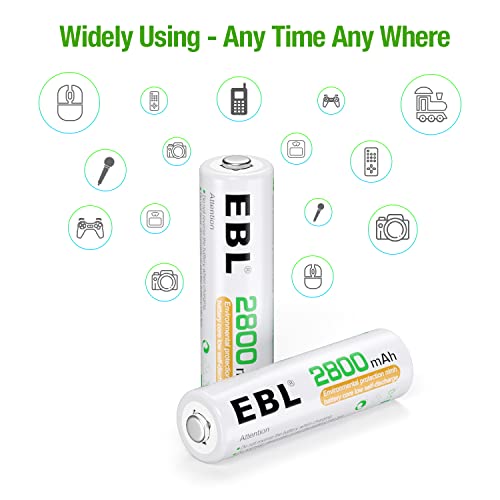 EBL AA Rechargeable Batteries 2800mAh, 8 Counts High Performance 1200 Tech Ni-MH Batteries