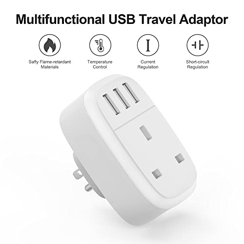 UK to US Adaptor Plug, USA Travel Adapter with 3 USB Ports, American Thailand Mexico Colombia Grounded Charger, Iroussa 4 in 1 Plug Adapter from UK to USA for iPhone, iPad, Android, Samsung (Type B)