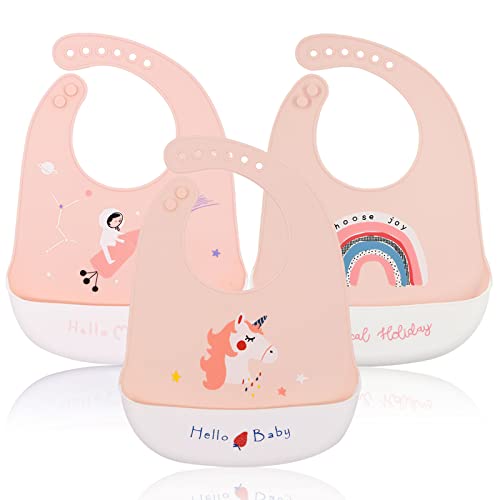 FILOWA Baby Bibs Silicone,3 PCS Baby Weaning Bibs Waterproof Feeding Bibs Soft Baby Bibs Food Wide Catcher Pocket Easily Wipe Clean Adjustable Machine Washable Bibs for Toddler infant Kids Girls,Pink