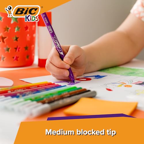 BIC Kids Felt Tip Pens, Kid Colour with Medium Blocked Tip, Vivid Colouring Pens, Washable Markers, Back to School Supplies, 24 Pack