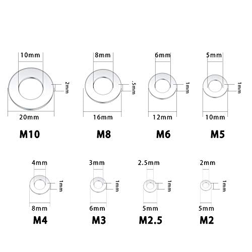 360PCS Flat Washers, Stainless Steel Silver Round Metric Flat Washers M2 M2.5 M3 M4 M5 M6 M8 M10 for Home Decoration Factories Repair Construction