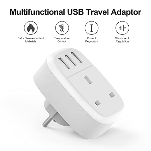 UK to European Adapter Plug with 3 USB Ports, EU Schuko Travel Euro Europe Grounded Charger for Germany France Spain Turkey Russia Iceland Greece Poland Portugal Austria Netherlands(Type E/F)