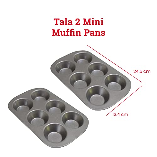 Tala 2 Mini Muffin Tin Non-stick Baking Tray - Even Heat Muffin Trays for Mini Cupcakes, Snacks & Appetisers - Carbon Steel, Wide Flat Handles, Dishwasher & Freezer Safe, Grey, 20cm x 14cm