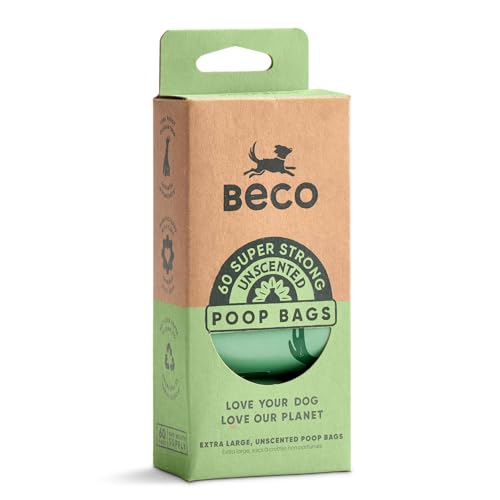 Beco Strong & Large Poop Bags - 60 Bags (4 Rolls of 15) - Unscented - Dispenser Compatible Dog Poo Bags