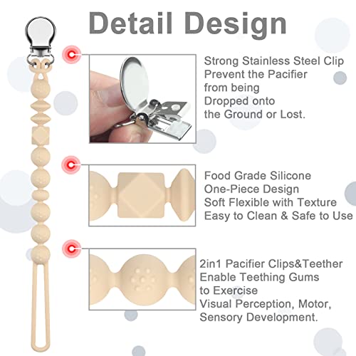 Kowlone Dummy Clips Boys Girls Silicone Soother Pacifier Chain Flexible Binky Holder Set with Texture for Teething Baby Unisex Newborn Dummies 1-Piece Design(Beige,Dim Grey)