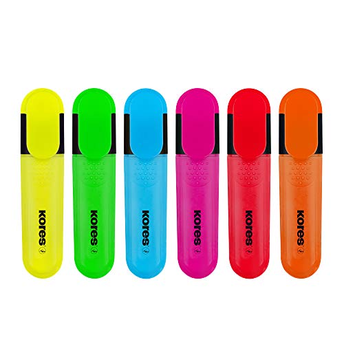 Kores - Bright Liner Plus: Coloured Fluorescent Highlighter Pens, Chisel Tip and Water-based Ink, Ergonomic Shape, School and Office Supplies, Pack of 6 Assorted Colours