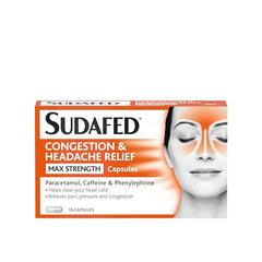 Sudafed Congestion & Headache Relief Max Strength Capsules, Targets Blocked Nose, Pressure, Heavy Head, Relieves Congestion and Headache with Maximum Strength formula, pack of 16