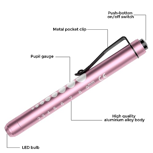 Pen Torch, RISEMART 2PCS Pen Light LED Pupil Gauge Pen Torches for Nurses Doctors Paramedic EMT Emergency Penlight Flashlight with Pocket Clip (Rose Pink and Green)