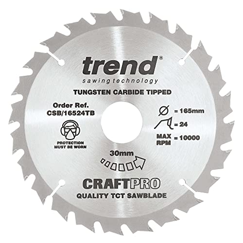 Trend CraftPro TCT Cordless Thin Kerf Sawblade for Wood, 165mm Diameter, 30mm Bore, 24 Teeth, 1.5mm Kerf, and15° Hook, CSB/16524TB