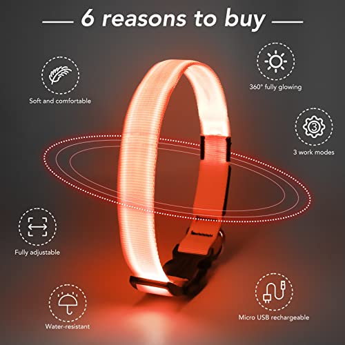 KOSKILL Light Up Dog Collar, Led Dog Collar Usb Rechargeable Waterproof, Flashing Dog Collars For Dark, Illuminated Dog Collars, Glowing In The Dark Dog Collar Lights For Dogs Night Walking Orange M