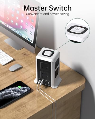 Tower Extension Lead with USB C Slots, 8 Way Multi Plug Extension Tower (13A 3250W)，Surge Protected with Switch, 2M Extension Cable, Plug Socket Extension Cord for Home, Office