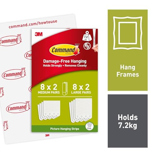 Command Picture Hanging Strips, Value Pack - 8 x 2 Medium and 8 x 2 Large Adhesive Strips - For Pictures, Frames, Mirrors, Wall décor - Damage Free Hanging, White