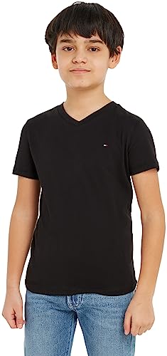 Tommy Hilfiger - Boys Essential Cotton V Neck T Shirt - Band Collar - Tommy Hilfiger Kids - Boys T Shirt - 100% Organic Cotton - Black - One Size