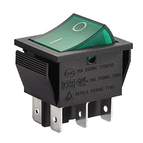 Heschen Rocker Switch ON-OFF DPDT 6 Terminals Green Light Illuminated 16A 250VAC 2Pack