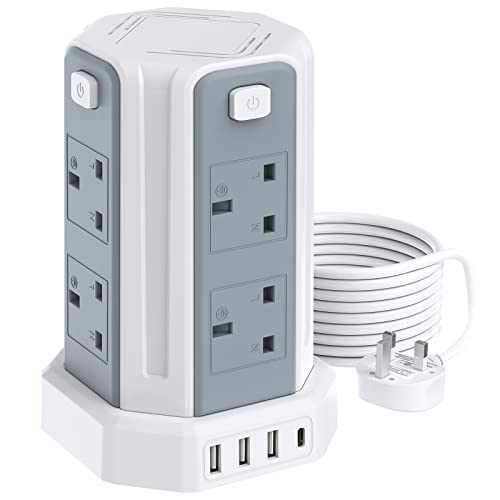 Tower Extension Lead with USB Slots, (13A 3250W) Surge Protection Extension lead with 4 Control Switch, 8 AC Outlets & 4 USB Ports Plug Extension Socket, Extension Cable 3M for Office, Home, Kitchen