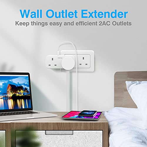 [1-pack] VINTAR Double Plug Adaptor with 2 USB, 2 Way Plugs Extension Multi Sockets Wall Charger Adapter, 13A UK 3 Pin Power Socket for Bedroom, Office, Kitchen, White