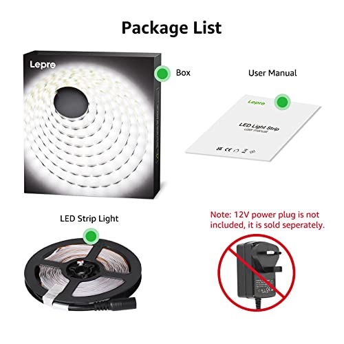 Lepro 5M LED Strip Lights, Cool White 6000K, 300 LEDs, 2300lm Bright Daylight LED Tape for Kitchen Cabinet Bar Van TV Mirror and More (12V Power Supply Not Included)