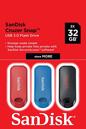 SanDisk 32GB Cruzer Snap USB 2.0 Flash Drives Black/Blue/Red (3-pack)