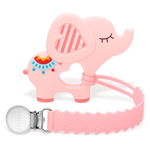 CLDY Teething Toys for Babies 3 Months Baby Teethers with Clip Silicone Baby Teether Toys for Boys and Girls Infant Teething Relief for Teething Elephant Shape, Pink (Barley ChainandElephant)