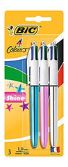 BIC 4 Colours Shine Pens, Multicoloured Pen, Retractable Ballpoint Pens, Biro Pens, Medium 1.0mm, Green, Blue, Black, Red, 3 Pens Per Pack, 1 Pack