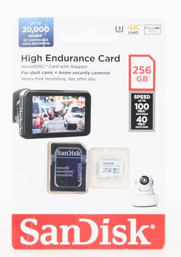 SanDisk 256GB High Endurance microSDXC card for IP cams & dash cams and SD adapter up to 20,000 Hours Full HD / 4K videos up to 100 MB/s UHS-I Class 10 U3 V30