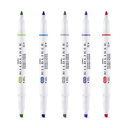 Zebra Pen MILDLINER Dual Tip Highlighter Pens, Pastel Highlighters For Adults, Broad & Fine Tip Markers & Highlighters, Double Ended Pens, 5 Pk - Cool & Refined Colours