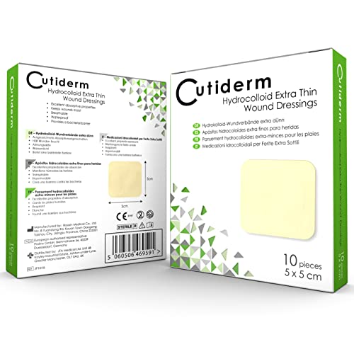 Pack of 10 Cutiderm Sterile Hydrocolloid Extra Thin Adhesive Wound Dressing 5cm x 5cm - for Cuts, Grazes, Superficial and Partial Thickness Burns, Pressure sores, and Venous Leg ulcers