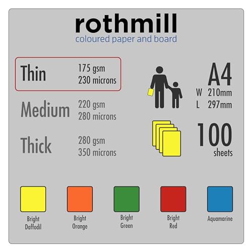 Rothmill Card, 175gsm (230 microns), A4 (210x297mm), 100 Sheets, 5 Bright Colours