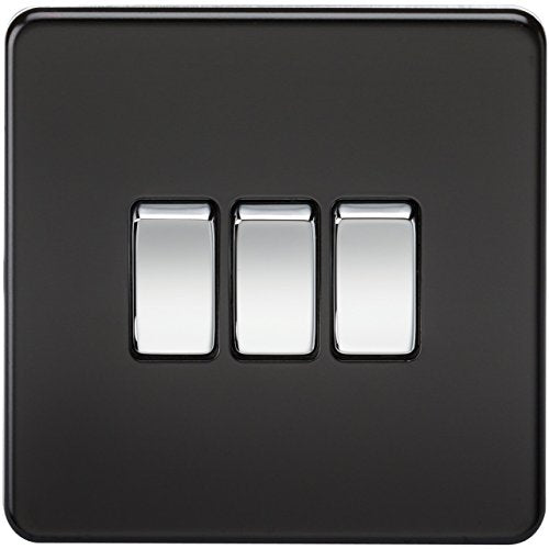 Knightsbridge SF4000MB Screwless 10 A 3-Gang 2 Way Switch, Matt Black with Chrome Rocker