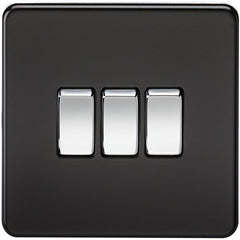 Knightsbridge SF4000MB Screwless 10 A 3-Gang 2 Way Switch, Matt Black with Chrome Rocker