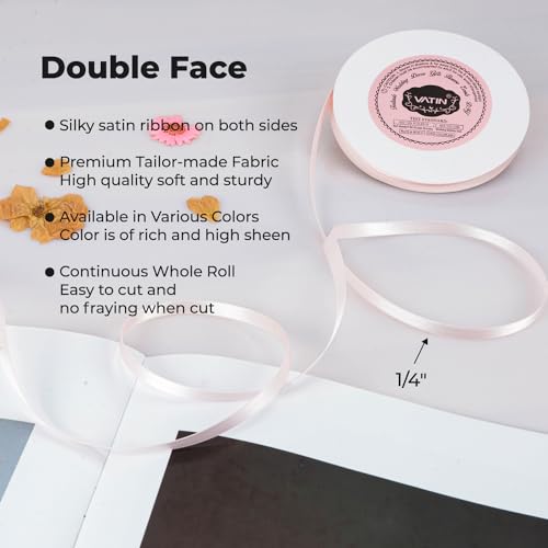 VATIN 6mm Double Faced Blush Pink Polyester Satin Ribbon - 45 Metre for Gift Wrapping Ornaments Party Favor Braids Baby Shower Decoration Floral Arrangement Craft Supplies