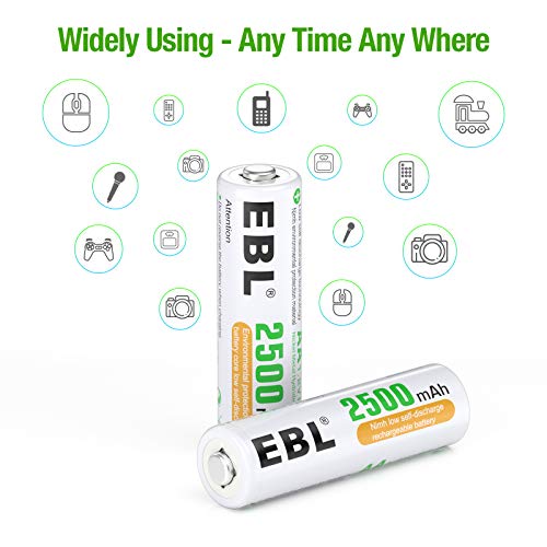 EBL Rechargeable AA Batteries High Performance 2500mAh AA 1.2V Ni-Mh Rechargebale Batteries Pack of 8 with Storage Case