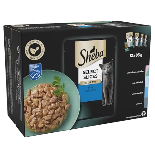 Sheba Select Slices - Wet Cat Food - Pouches for Adult Cats - Fish Collection in Gravy – 12 x 85 g