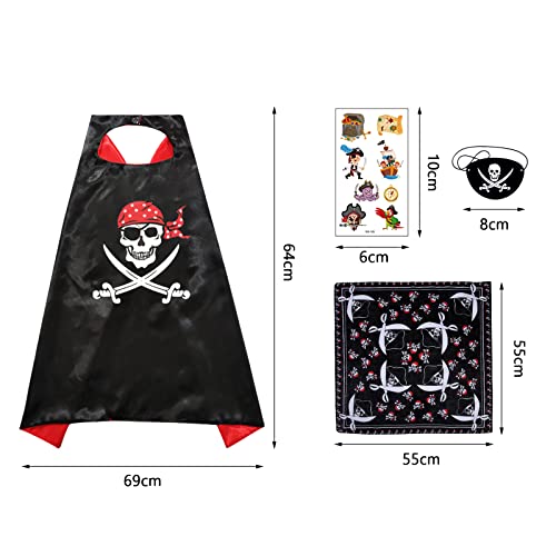 Landifor 4pcs Halloween Pirate Costume Set Pirate Captain Cape Skull Paisley Bandana Pirate Eye Patches with Temporary Tattoo for Kid Halloween Pirate Birthday Theme Dress Up Pretend Play