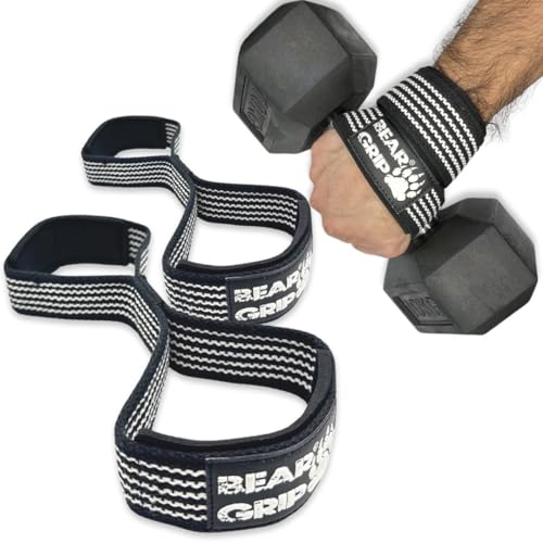 BEAR GRIP - Premium Figure 8 weight lifting straps (sold in pairs) (Black/White)