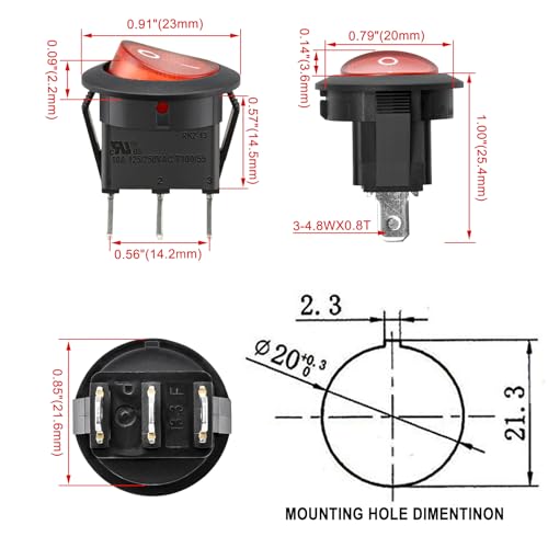 Heschen Red Round Rocker Switch Round ON-OFF SPST 3 Terminals 10A 250VAC UL VDE 5Pack