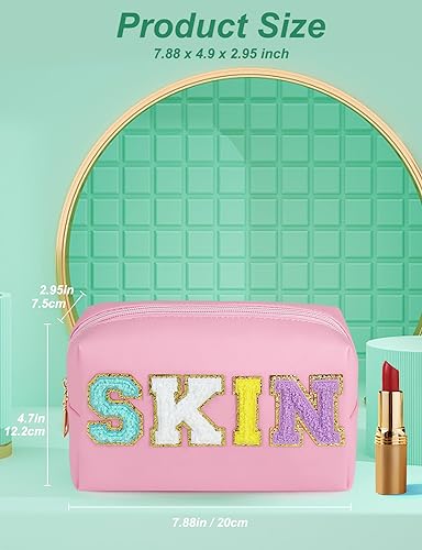 GINOYA Preppy Patch Makeup Bag, Synthetic Leather Patch Makeup Bag with Skin Chenille Letter for Purse Diaper Bag Travel