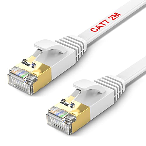 TBMax Cat 7 Ethernet Cable 2M, Flat Ethernet Network Cable High-Speed Gigabit Lan Patch Cable RJ45 POE Internet Cable Compatible with Computer, Gaming, Modem, Router, PC,Patch Panel, White